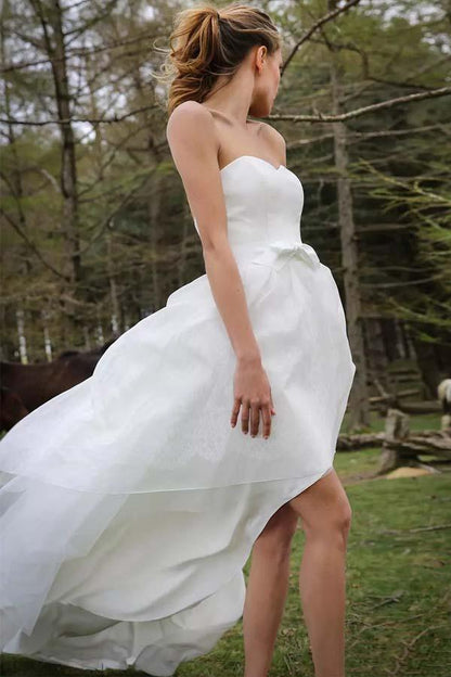 High Low Sweetheart Sleeveless Organza Applique Wedding Dress