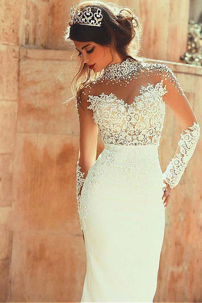 High Neckline Sheath Wedding Dresses With Beaded Lace Appliques