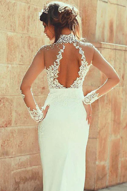 High Neckline Sheath Wedding Dresses With Beaded Lace Appliques