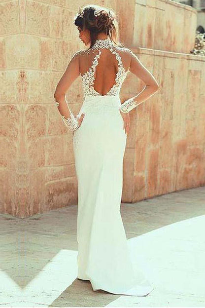 High Neckline Sheath Wedding Dresses With Beaded Lace Appliques