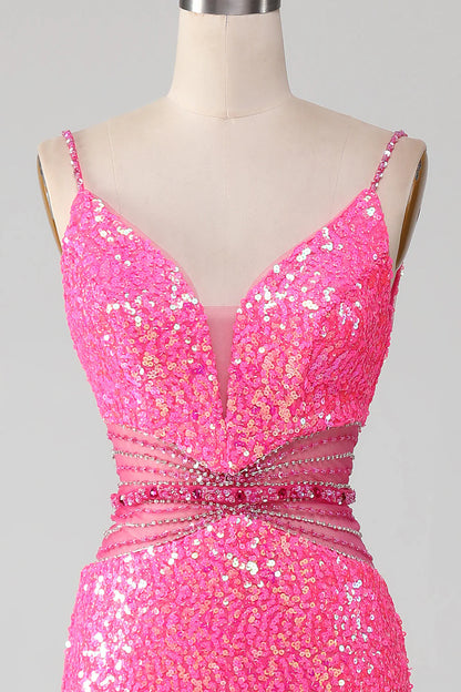 Hot Pink Spaghetti Straps Glitter Mermaid Slim-fit Prom Dress with Beading Waist