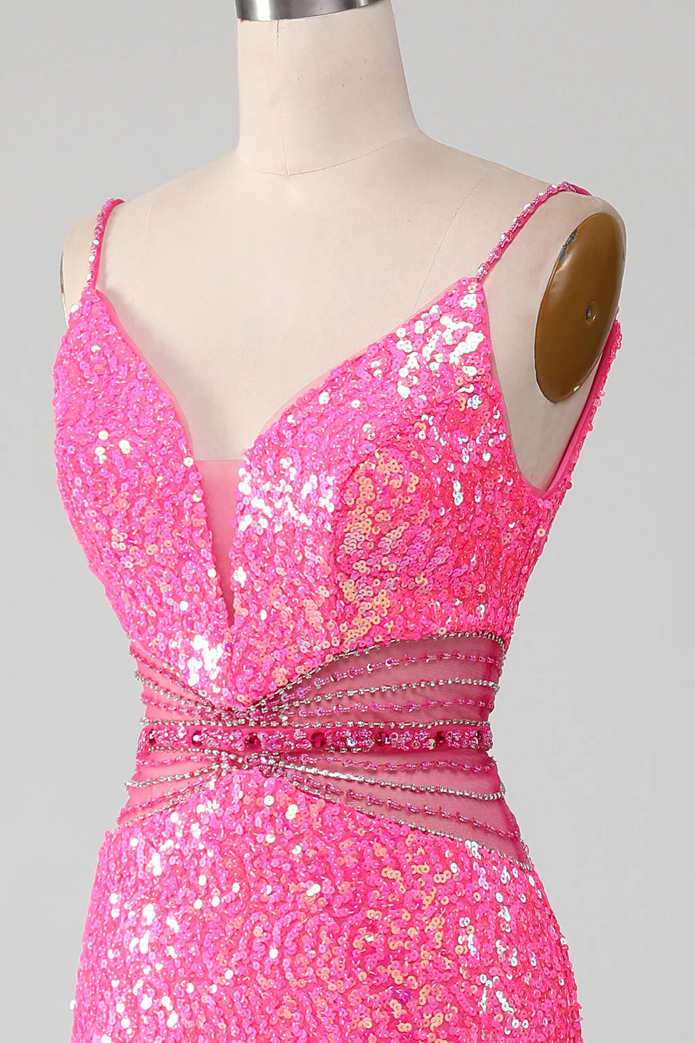 Hot Pink Spaghetti Straps Glitter Mermaid Slim-fit Prom Dress with Beading Waist