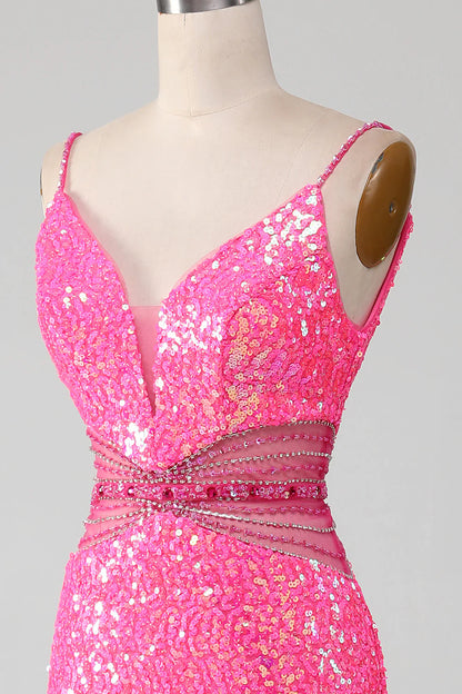 Hot Pink Spaghetti Straps Glitter Mermaid Slim-fit Prom Dress with Beading Waist