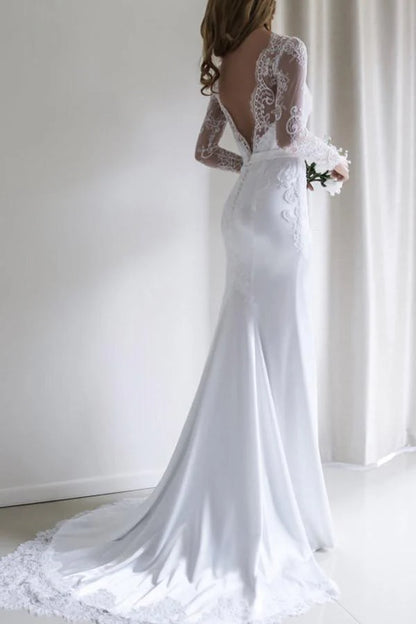 Elegant Lace Long Sleeves Mermaid White Long Wedding Dress with Train