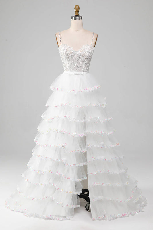 White A-Line Spaghetti Strap Sparkly Sequins Long Corset Prom Dress With Slit