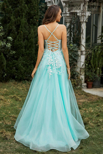 Prom Dresses A-Line Sweetheart Spaghetti Straps Applique Tulle Sweep Train Lace Up Crossed Straps Formal Women's Dresses