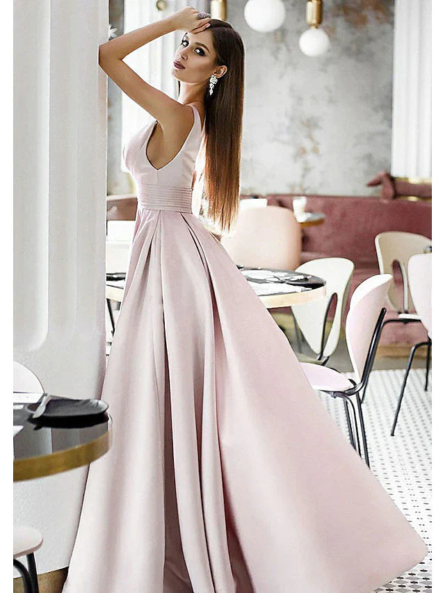 A-Line Elegant Engagement Formal Evening Dress V Neck Sleeveless Sweep / Brush Train Satin with Pleats