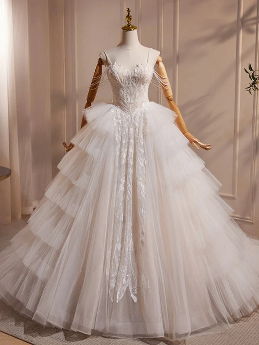 Sweetheart Wedding Dress A-Line Neck Tulle Lace Long with Beads Fantastic Dress