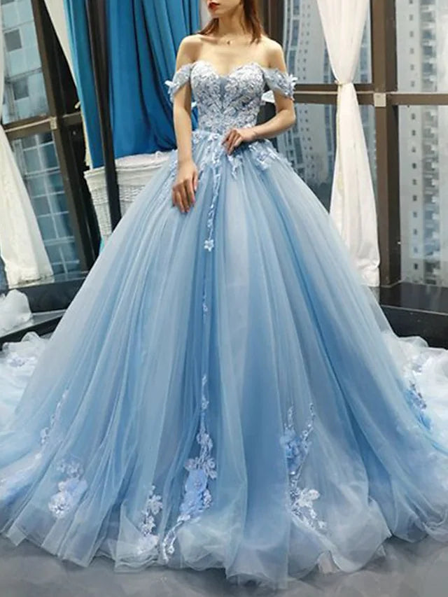 Ball Gown Prom Dresses Floral Dress Quinceanera Court Train Short Sleeve Sweetheart Lace with Pleats Appliques