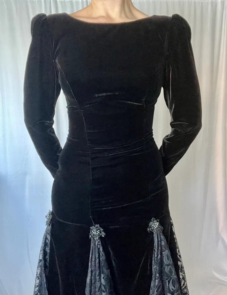 Bodycon Vintage Velvet Dress Splicing Lace V Neck Long Sleeves Formal Wear Dresses Wedding Guest Dress Evening Dress