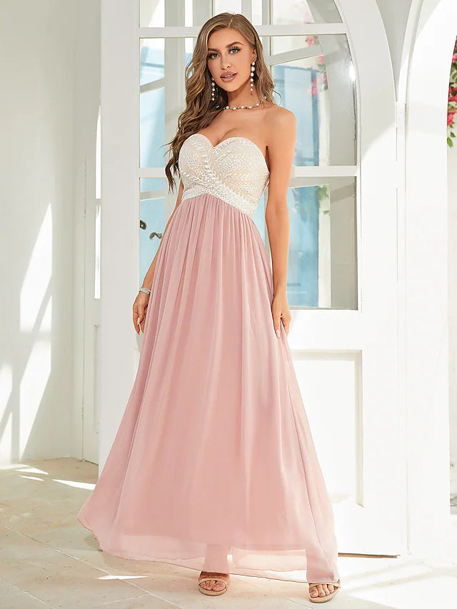 A-Line Wedding Guest Dresses Floral Dress Party Wear Ankle Length Sleeveless Strapless Chiffon Backless with Appliques