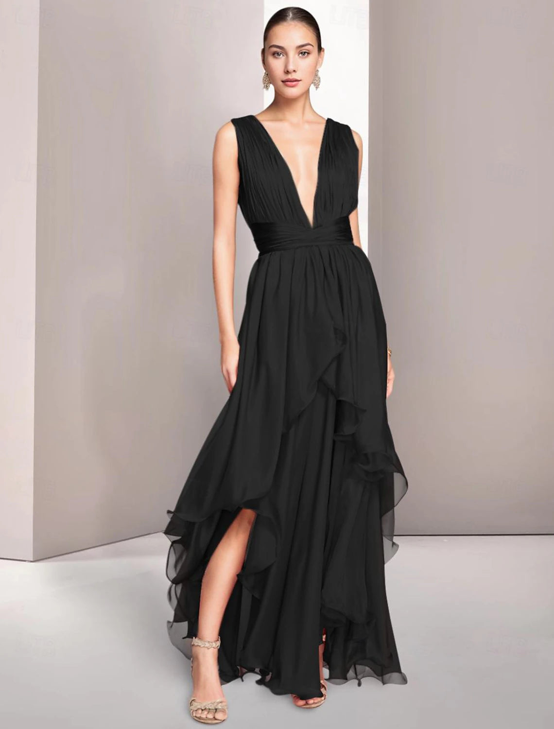 Prom Dresses A-Line Elegant Dress Formal Summer Asymmetrical Sleeveless Deep V Neck Chiffon Ruched December Wedding Guest Dress