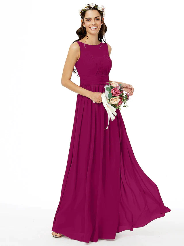 A-Line Bridesmaid Dress Jewel Neck Sleeveless Open Back Floor Length Chiffon with Sash / Ribbon / Pleats / Ruched