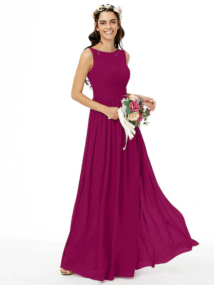 A-Line Bridesmaid Dress Jewel Neck Sleeveless Open Back Floor Length Chiffon with Sash / Ribbon / Pleats / Ruched