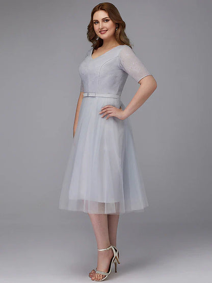 A-Line Elegant Dress Wedding Guest Tea Length Short Sleeve V Neck Lace Lace-up with Sash / Ribbon