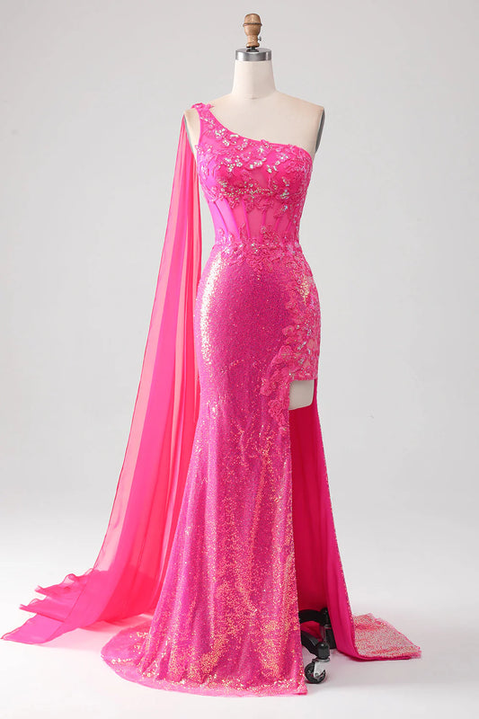Sparkly Fuchsia Mermaid One Shoulder Appliques Sequin Prom Dress With Slit ﻿