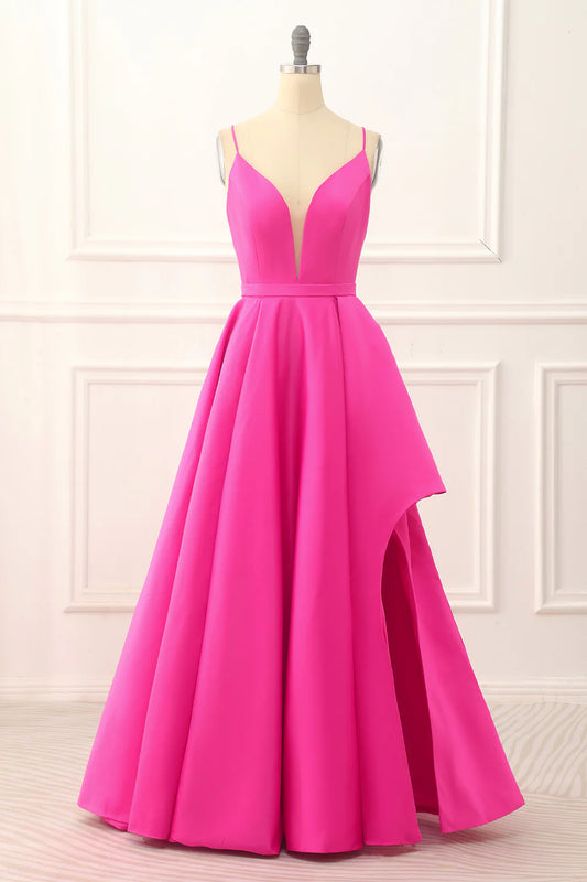 Hot Pink Plunge V A-line Spaghetti Strap Satin Prom Dress with Slit