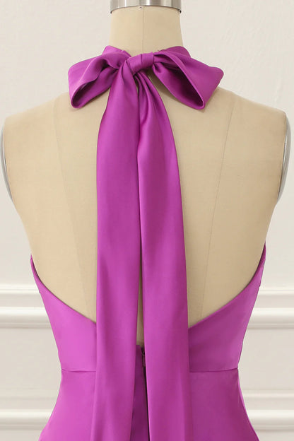 Fuchsia Round Neck Satin Halter Sleeveless Backless Short Simple Prom Dress