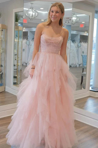 Strapless Light Sequin Beaded Tulle Stunning Prom Dress