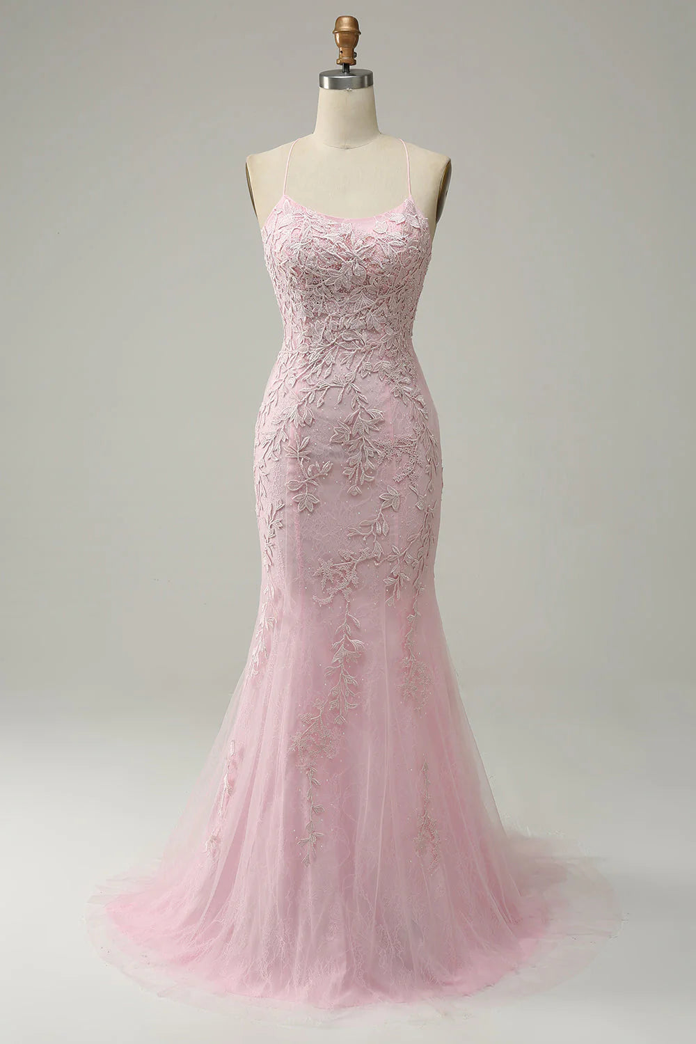 Mermaid Spaghetti Straps Light Pink Tulle Slim-fit Long Prom Dress with Appliques