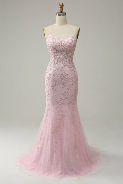 Mermaid Spaghetti Straps Light Pink Tulle Slim-fit Long Prom Dress with Appliques