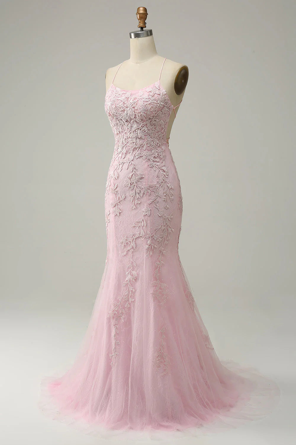 Mermaid Spaghetti Straps Light Pink Tulle Slim-fit Long Prom Dress with Appliques