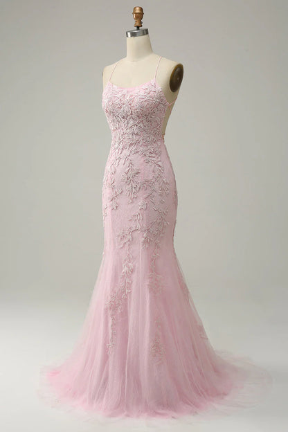 Mermaid Spaghetti Straps Light Pink Tulle Slim-fit Long Prom Dress with Appliques