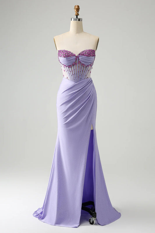 Light Purple Off-the-Shoulder Mermaid Strapless Prom Dress with Slit