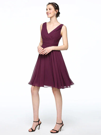 A-Line Bridesmaid Dress V Neck Sleeveless Elegant Short / Mini Chiffon with Pleats