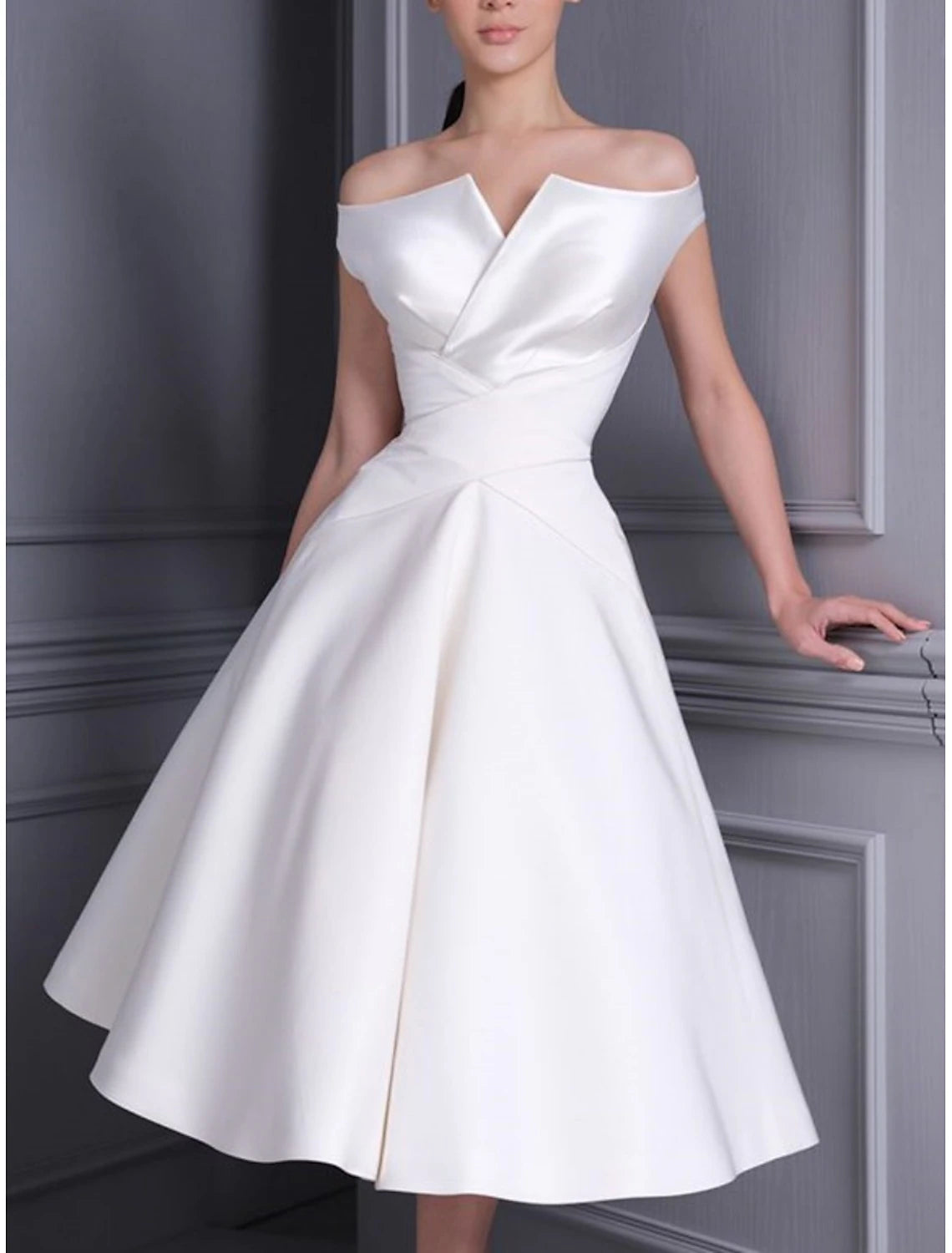 Fall November December Wedding Dresses A-Line Off Shoulder Cap Sleeve Tea Length Satin Bridal Gowns Pleats Solid Color Little White Fashion Elegant Dresses