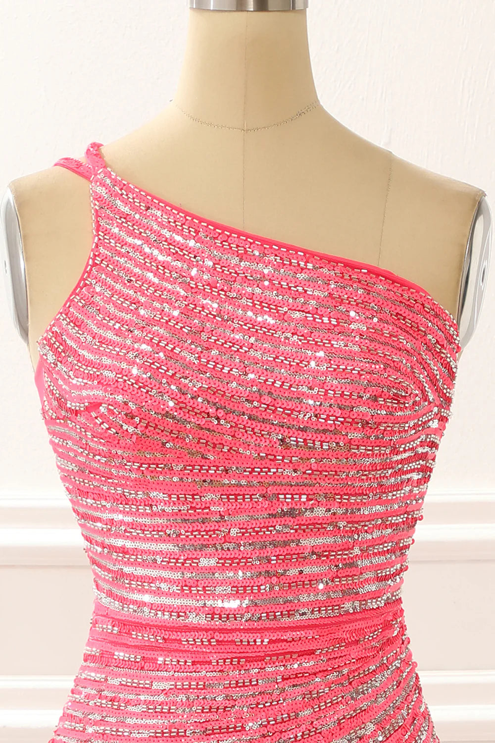 One Shoulder Hot Pink Sparkly Sequin Wrap The Buttocks Long Prom Dress with Slit