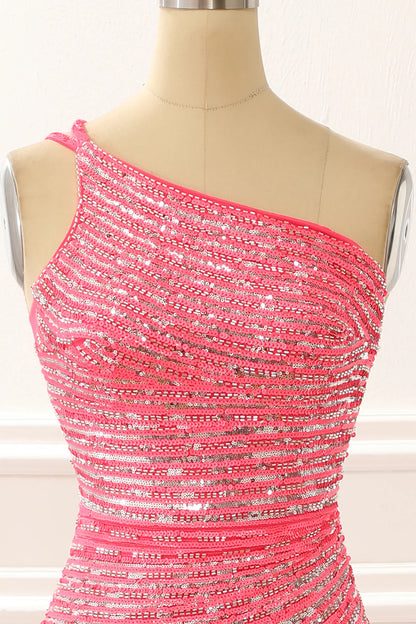 One Shoulder Hot Pink Sparkly Sequin Wrap The Buttocks Long Prom Dress with Slit