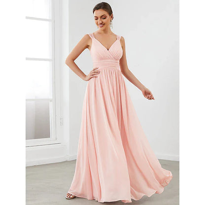 A-Line Bridesmaid Dress V Neck Sleeveless Vintage Floor Length Chiffon with Tier