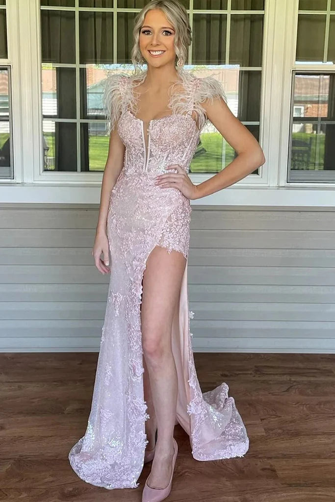 Appliques Mermaid Split Prom Dress with Feathers