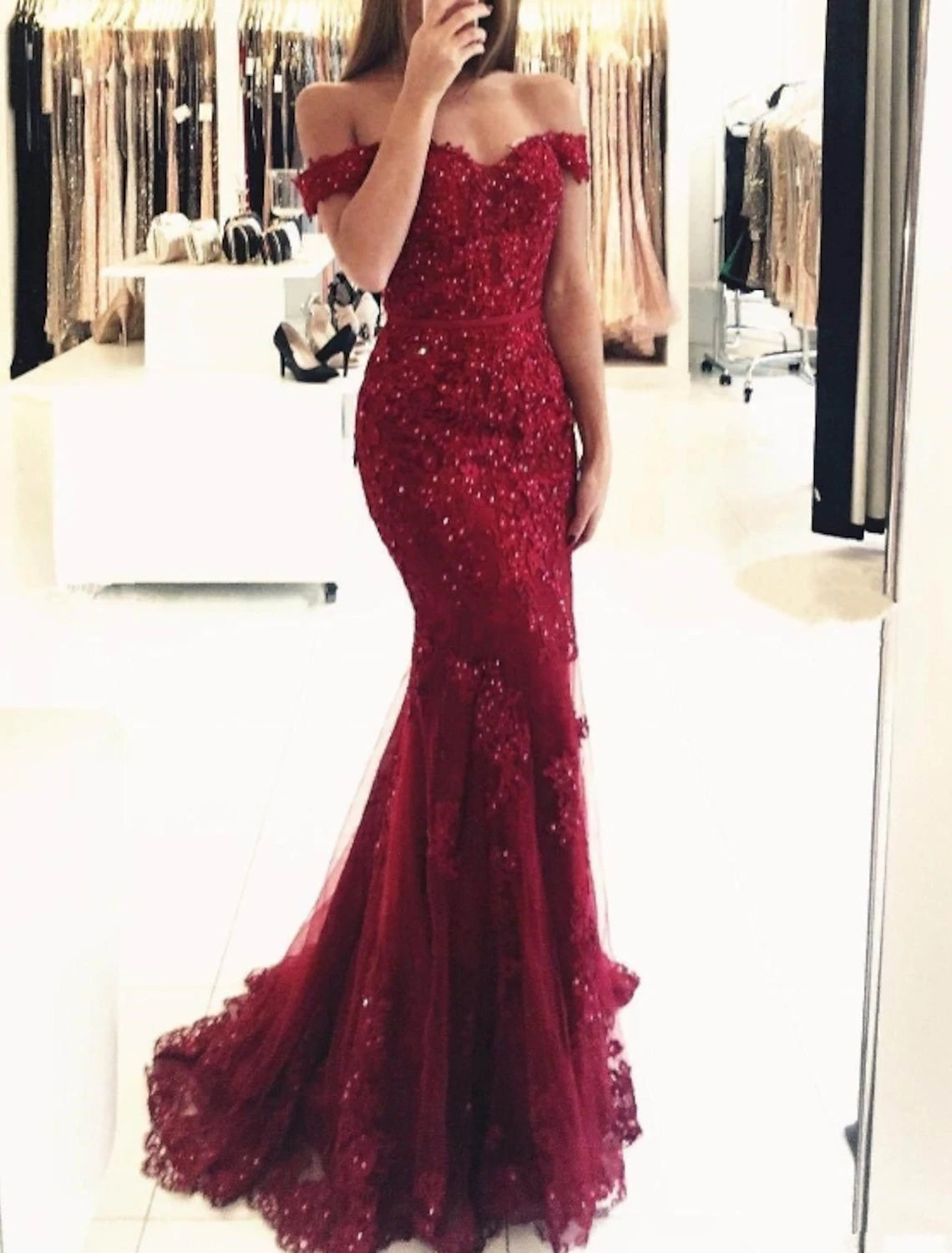 Sheath Mermaid Glitter Sparking Sequins Off the Shoulder Prom Formal Evening Dress Short Sleeve Sweep Train Prom Dress with Appliques