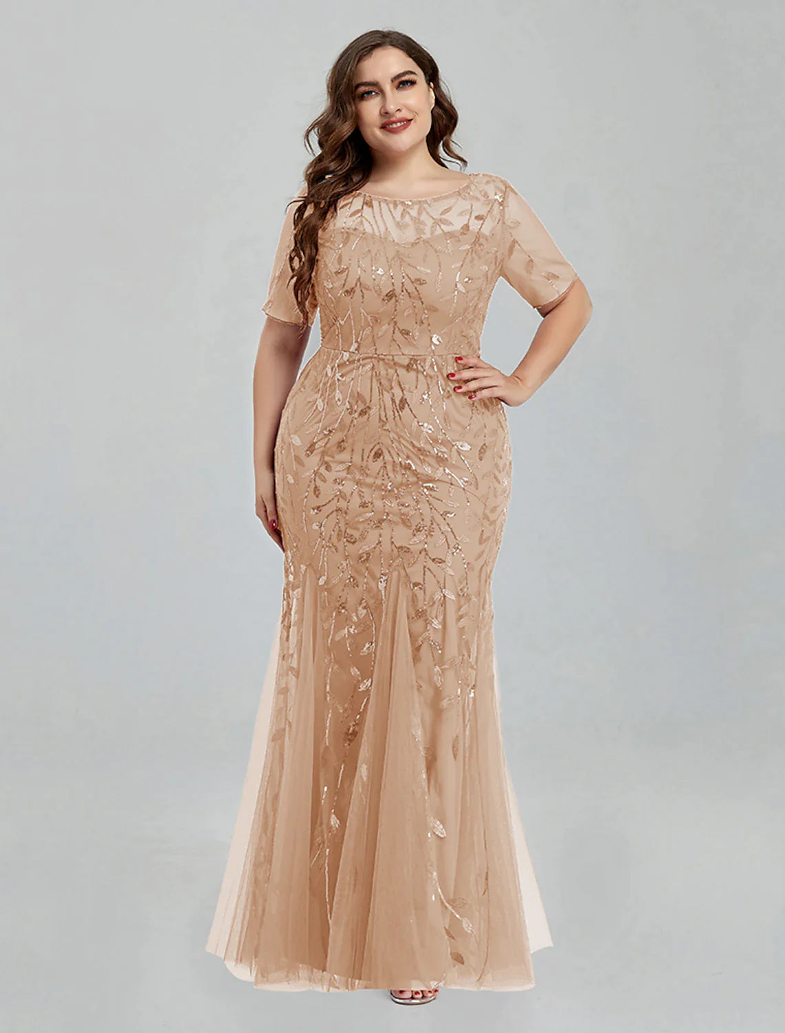 Mermaid / Trumpet Evening Gown Empire Dress Homecoming Floor Length Short Sleeve Jewel Neck Tulle with Embroidery