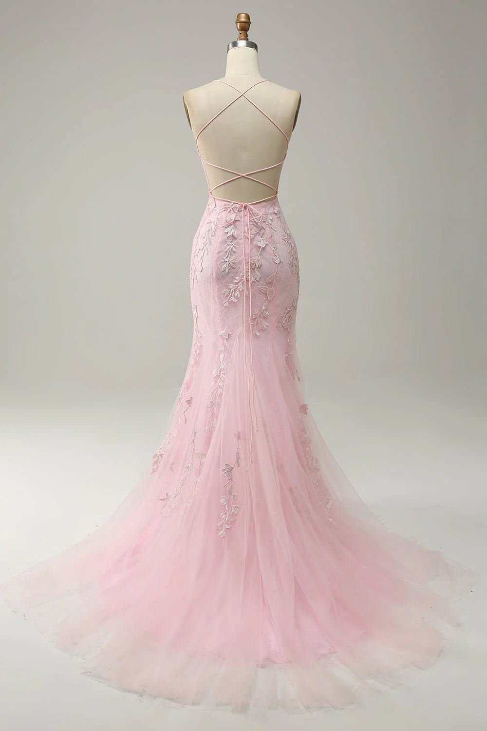 Mermaid Spaghetti Straps Light Pink Tulle Slim-fit Long Prom Dress with Appliques