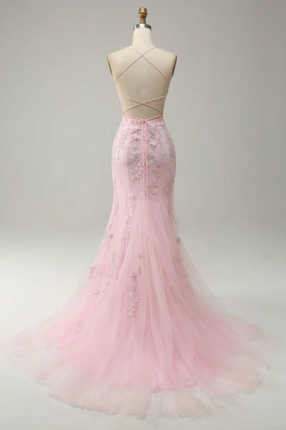 Mermaid Spaghetti Straps Light Pink Tulle Slim-fit Long Prom Dress with Appliques