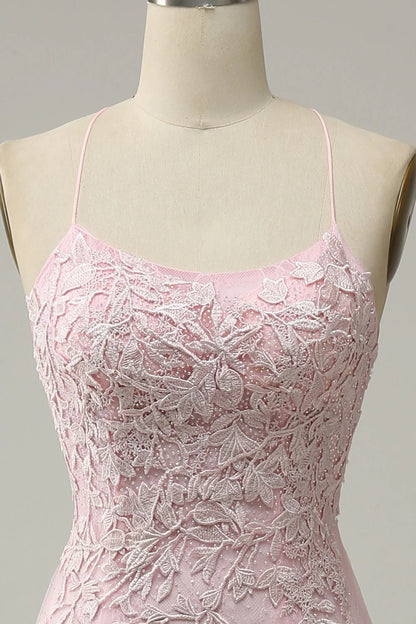 Mermaid Spaghetti Straps Light Pink Tulle Slim-fit Long Prom Dress with Appliques
