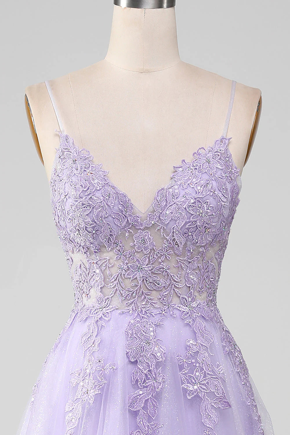 Sparkly Light Purple  V-Neck A-Line Spaghetti Straps Long Prom Dress With Beading