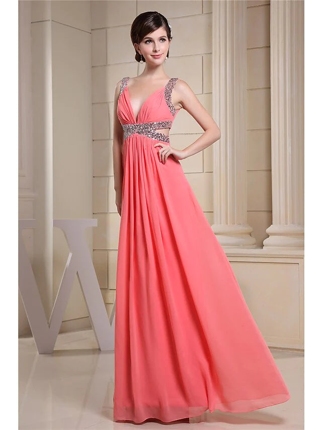 A-Line Evening Gown Sparkle Dress Engagement Floor Length Sleeveless V Neck Chiffon with Pleats Sequin