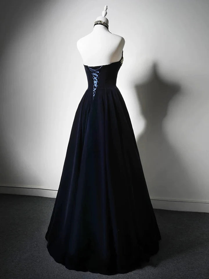 Fashion Simple A-Line Prom Dress Velvet Dark Blue Bead string Long Temperament Dress