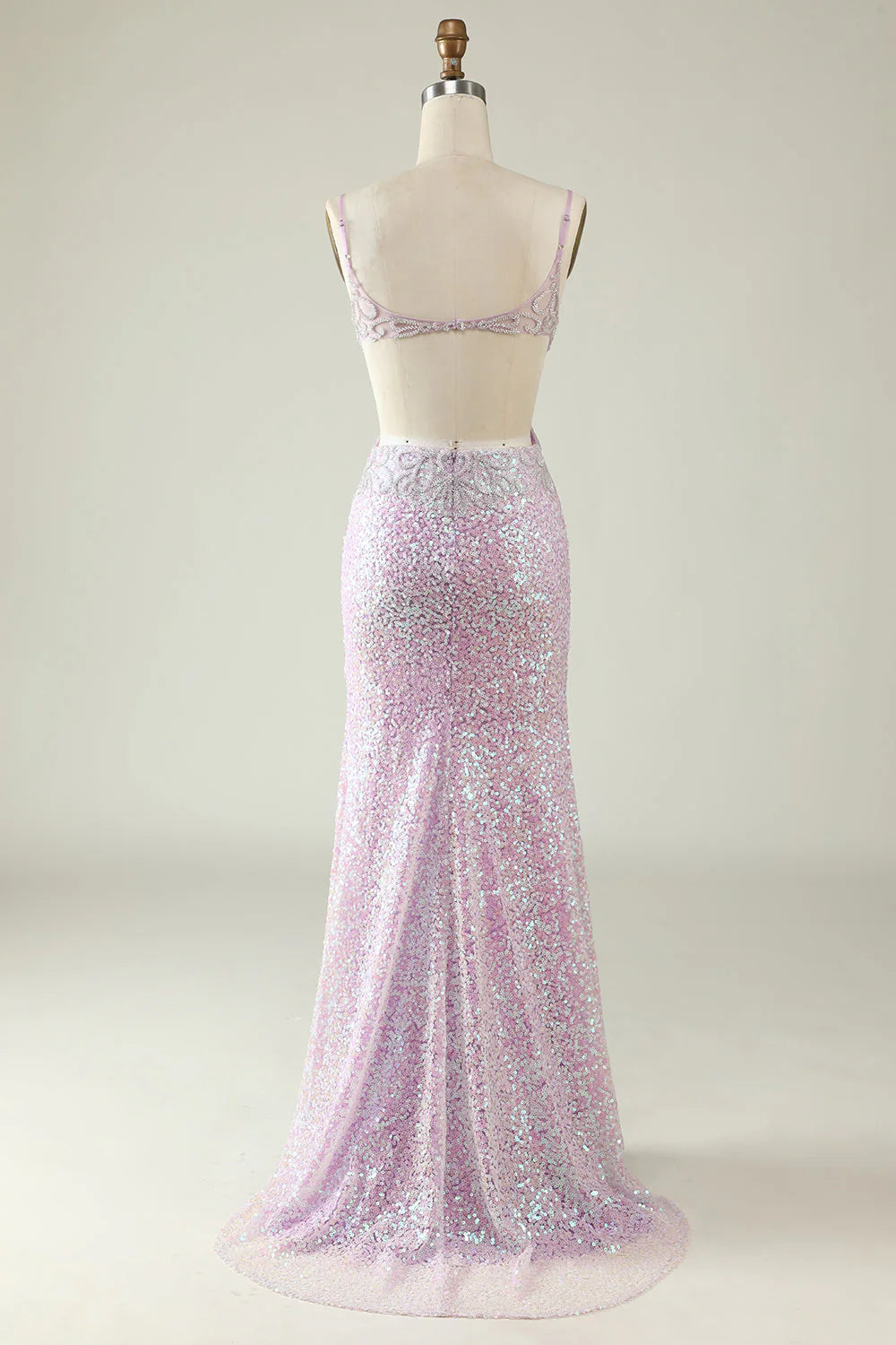 Sheath V Neck Lilac Sequins Backless Long Prom Dress With Split Front