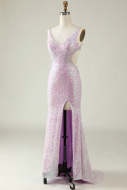 Sheath V Neck Lilac Sequins Backless Long Prom Dress With Split Front