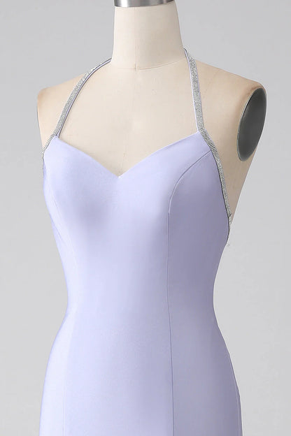 Lilac Mermaid V-Neck Halter Neck Backless Slim-fit Long Prom Dress