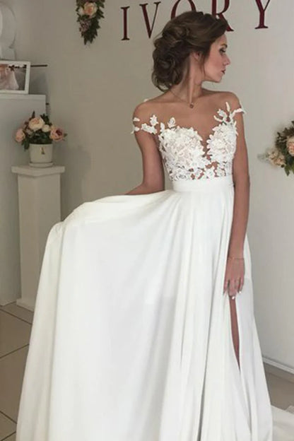 V-neck Cap Sleeves Sweep Train  Wedding Dress with Appliques
