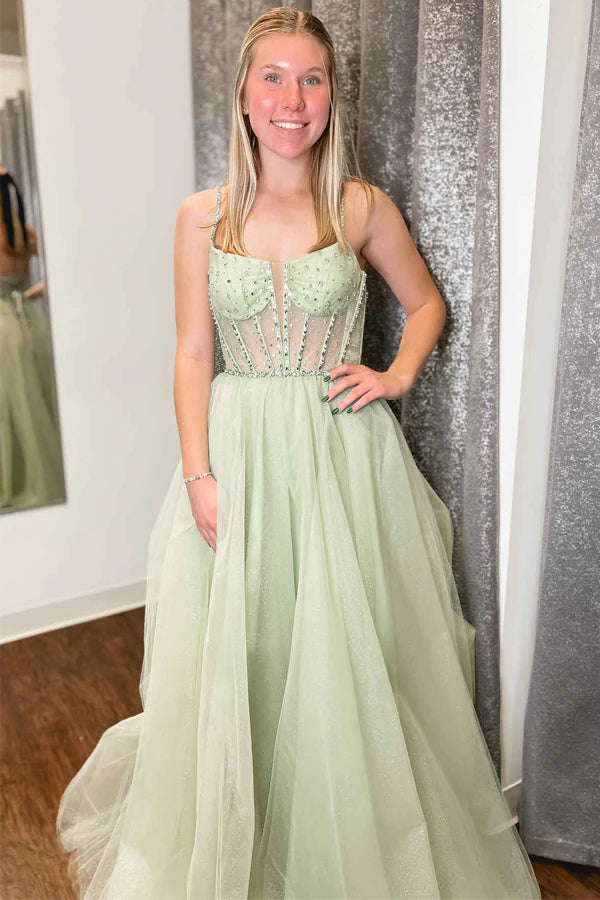 Straps Sequin Beaded Tulle Prom Dress