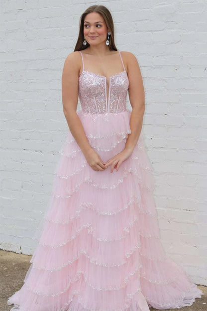 A-line Straps Plunging Neck Sequin Lace Prom Dresses