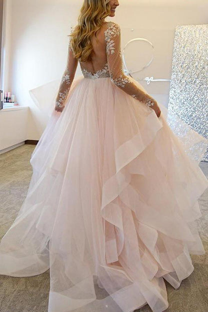 Elegant A-Line Long Sleeves Tulle Wedding Dresses With Appliques