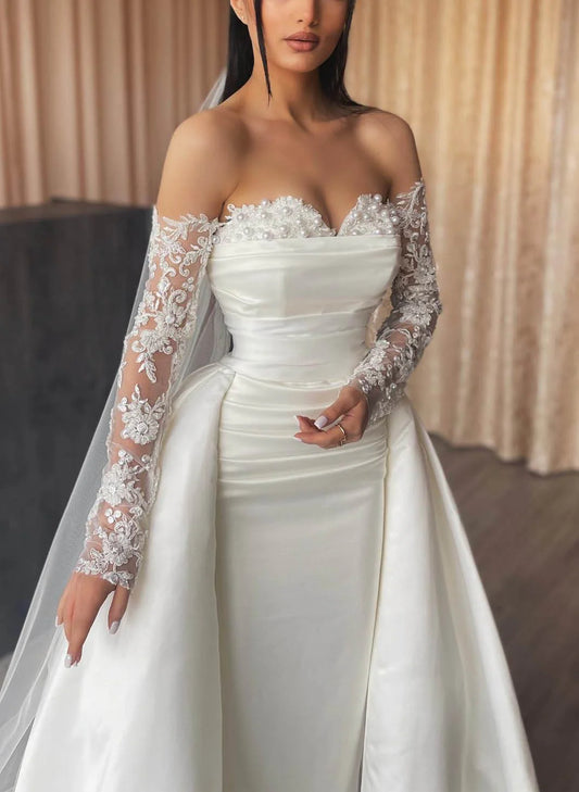 Sheath/Column Off-the-Shoulder Floor-length Lace Wedding Dress With Attached Train